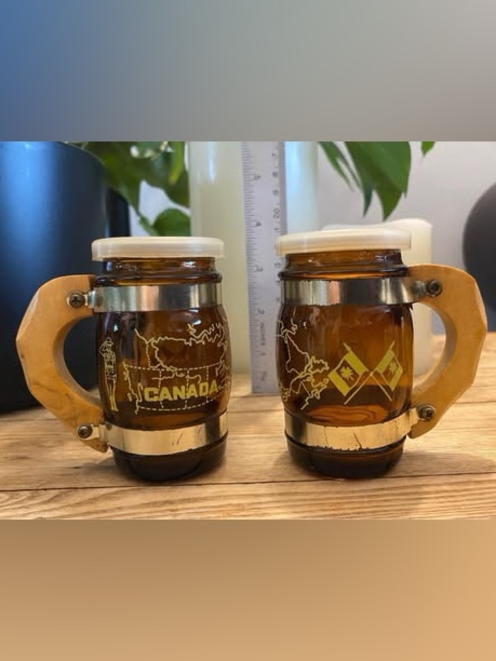 Vintage Amber Glass Canada Souvenir Barrel Mug Salt and Pepper Shakers Set